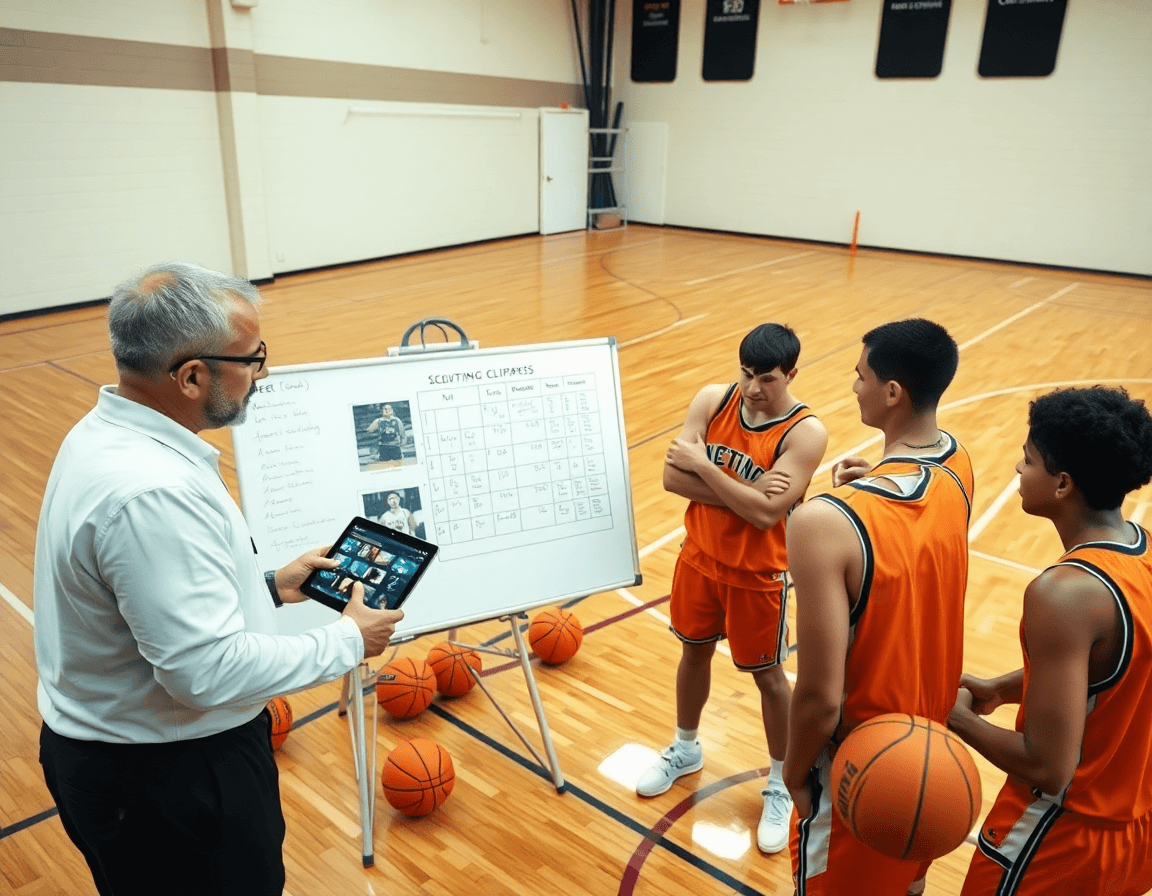 Revisión de clips de scouting para baloncesto mini en una cancha interior.