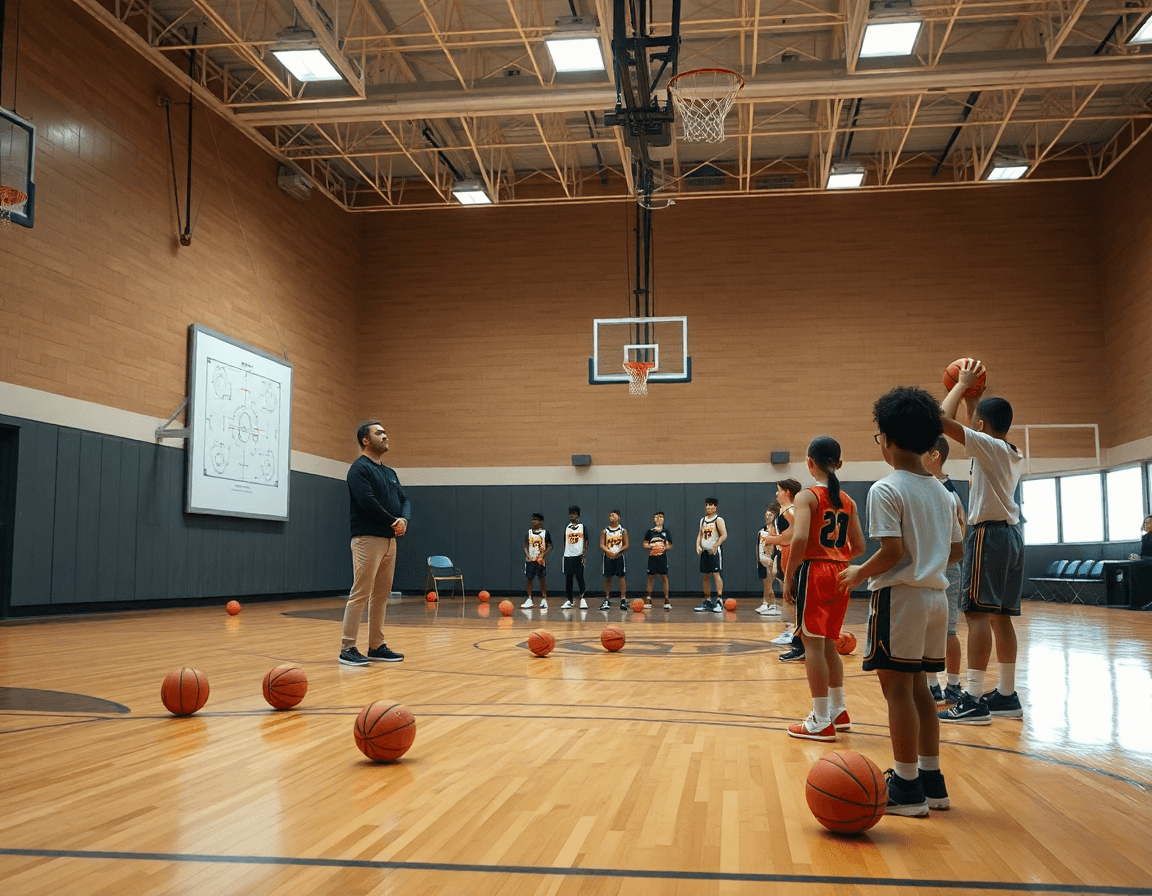 Escena de baloncesto mini en una cancha interior, entrenador con pizarra y jugadores atentos.