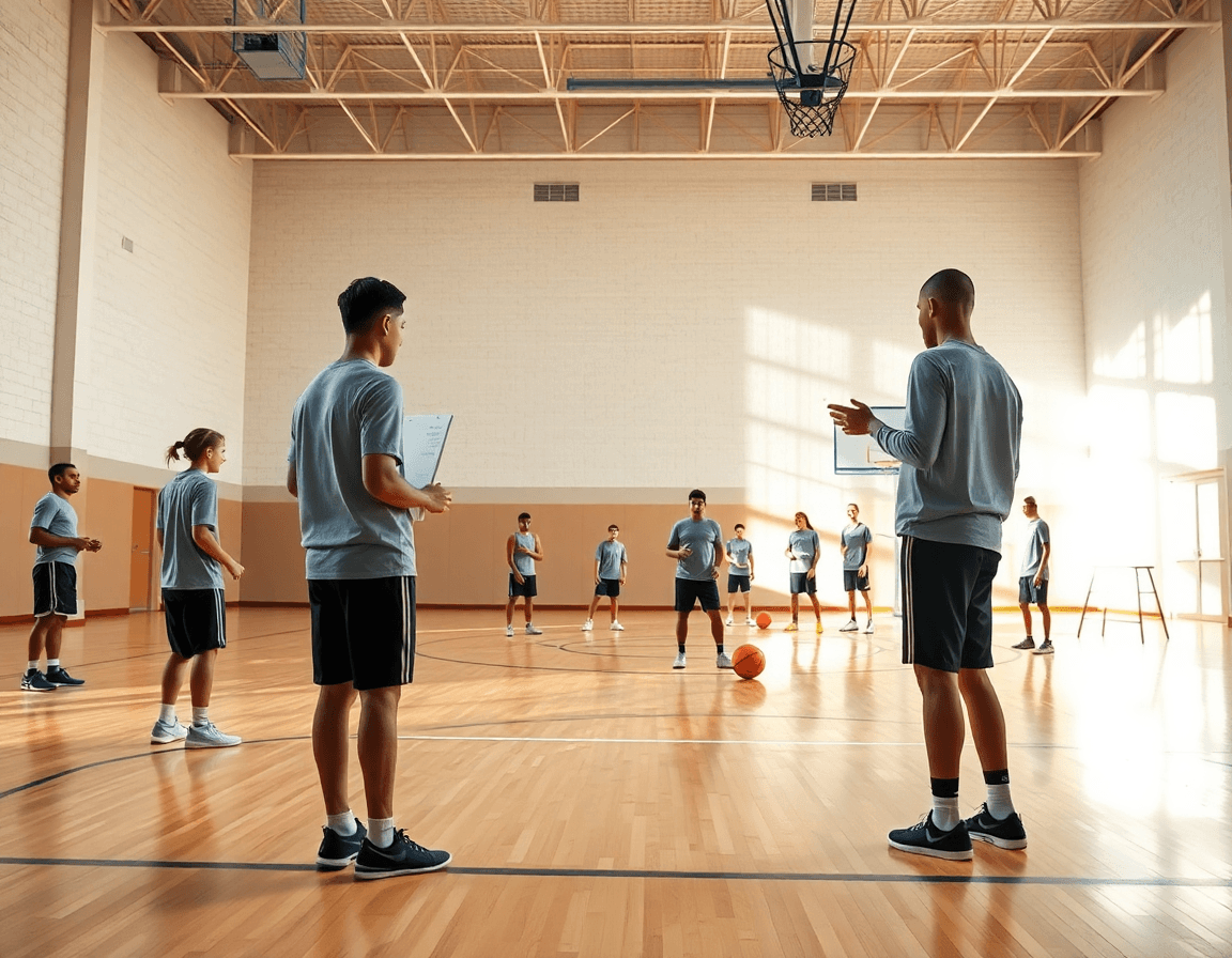 ejercicios defensa baloncesto pdf en tableta mientras el entrenador dirige la sesión en el gimnasio.