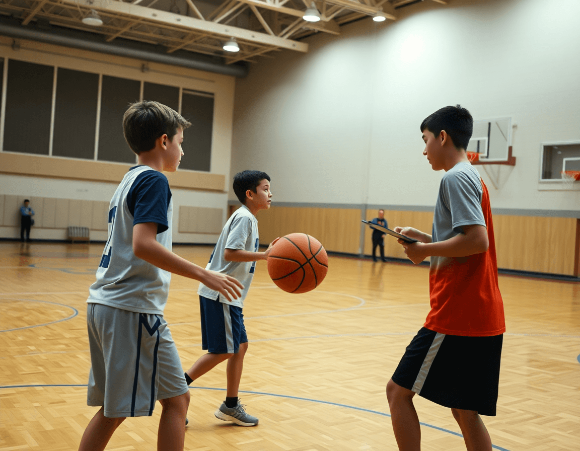 Primer plano de jugadoras practicando pases en el entrenamiento baloncesto infantil femenino, en una cancha de baloncesto.