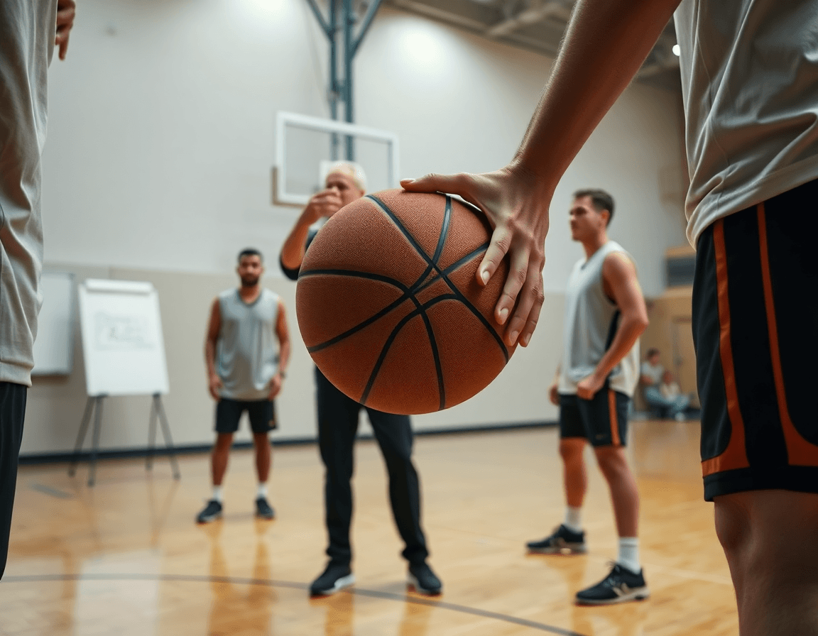 Plano cercano de manos y balón durante entrenamiento baloncesto infantil femenino, con la pizarra del entrenador.
