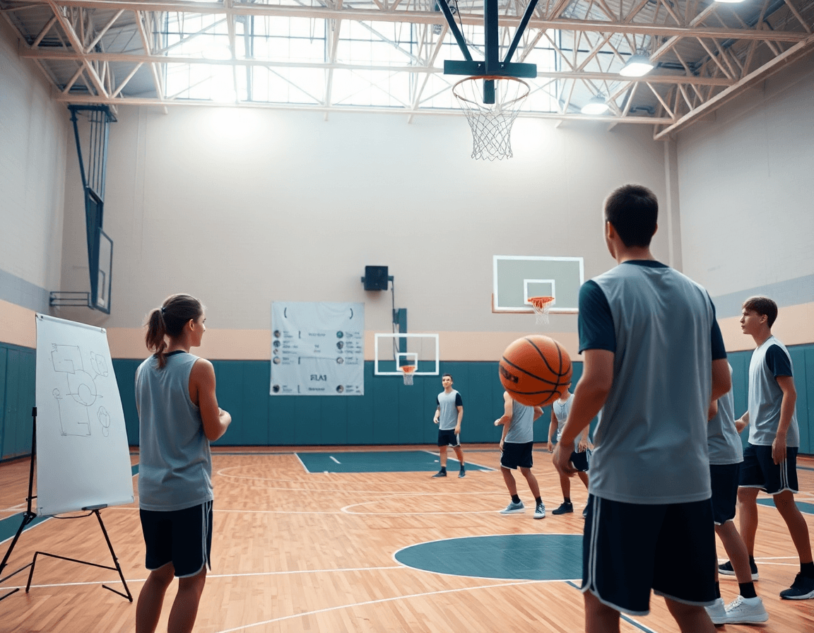 Planificación de entrenamiento baloncesto infantil femenino en una cancha de baloncesto, coach dirige.