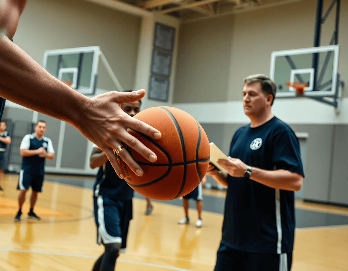 Plano detalle de la pizarra táctica baloncesto para pc mostrando estrategias de baloncesto en la mesa.