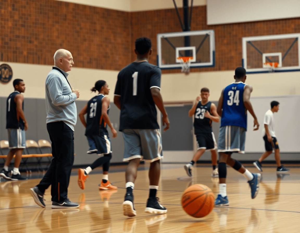 Plano detalle de la pizarra táctica baloncesto para pc guiando la acción de baloncesto en la cancha.