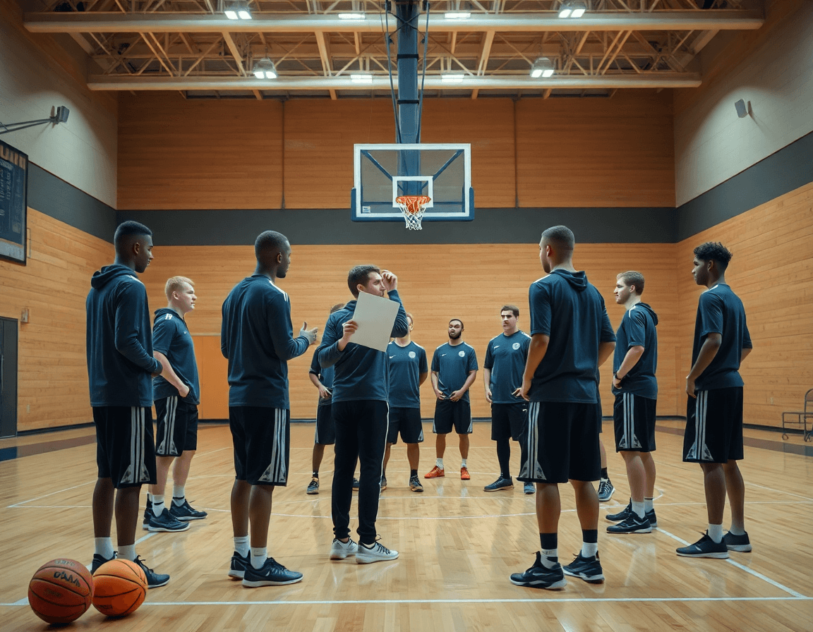 Escena amplia: la pizarra táctica baloncesto para pc guía el balón y la táctica baloncesto en la cancha.