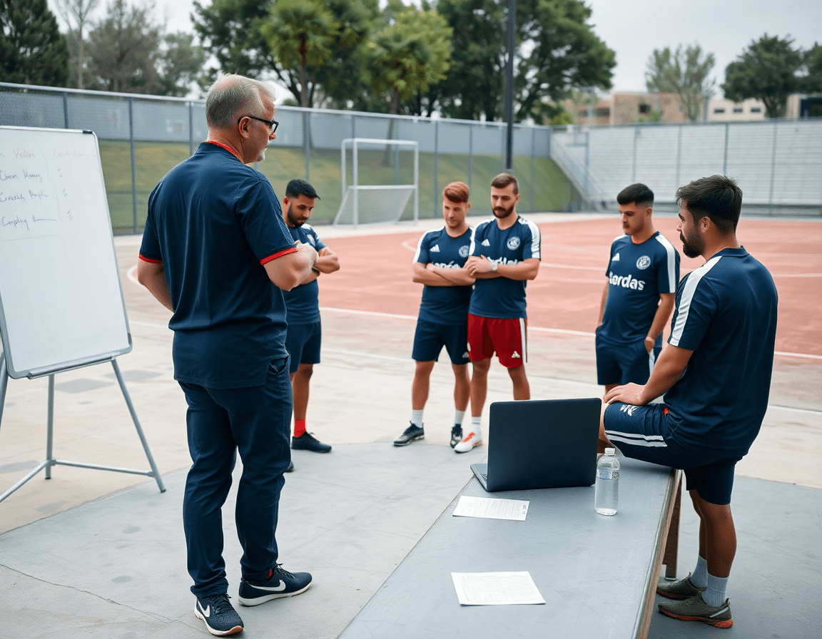 Entrenador revisa resultados baloncesto acb y planifica la semana con jóvenes jugadores.