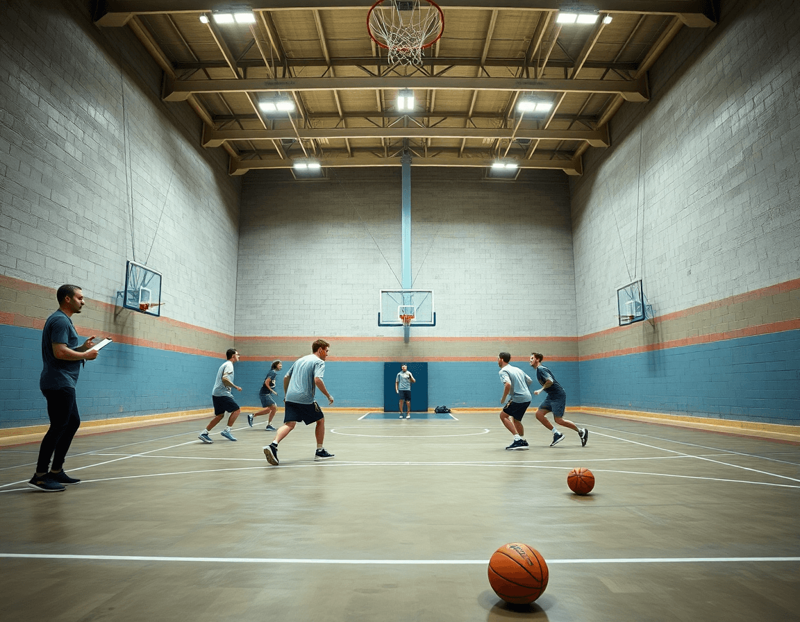 Vista panorámica de un entrenamiento en gimnasio con resultados baloncesto acb integrados.