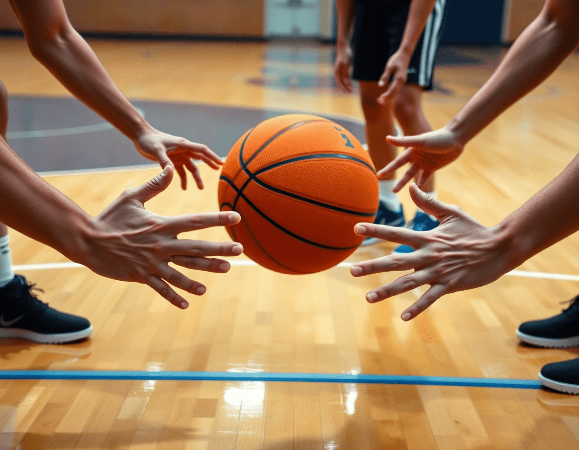 Primer plano de contraataque baloncesto ejercicios: manos guían dribbling, balón naranja, y jugadores espaciados.