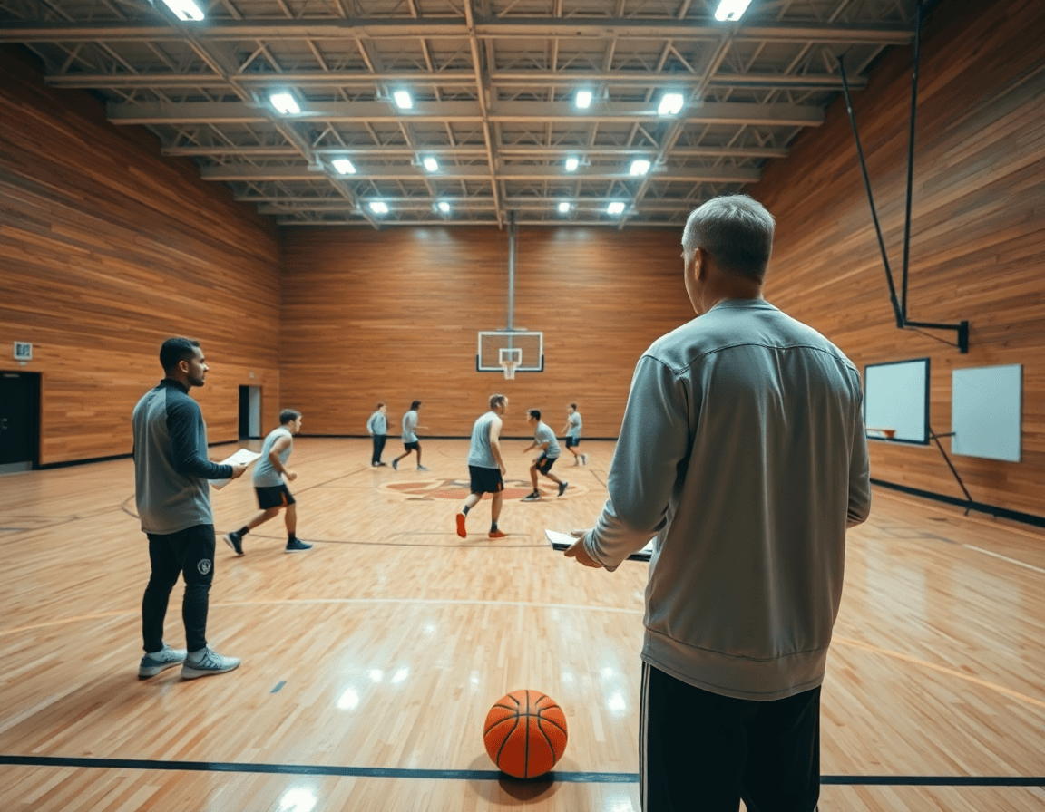 Plano corto de contraataque baloncesto ejercicios en la pista, jugadores moviéndose con balón naranja.