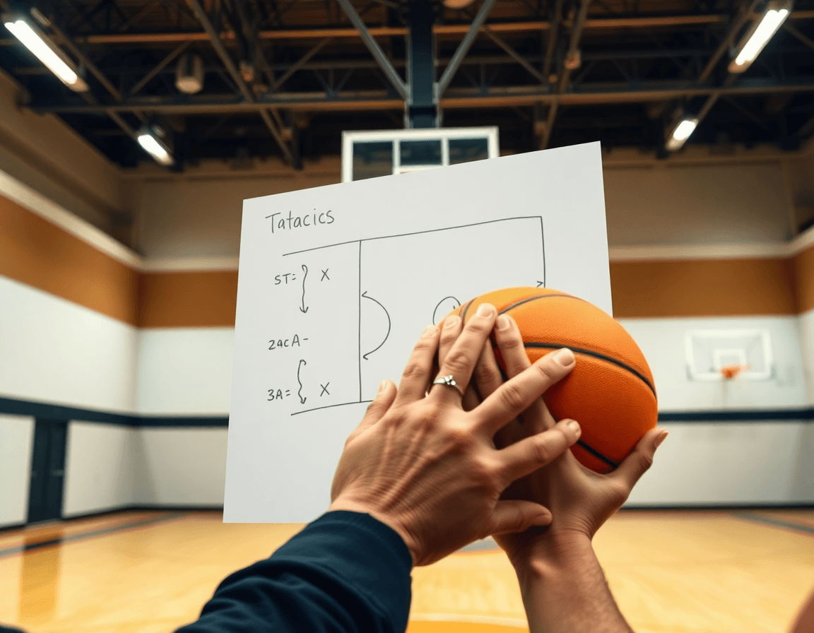 Cámara cercana a las manos del entrenador dibujando movimientos, visualizando contraataque baloncesto en ingles.