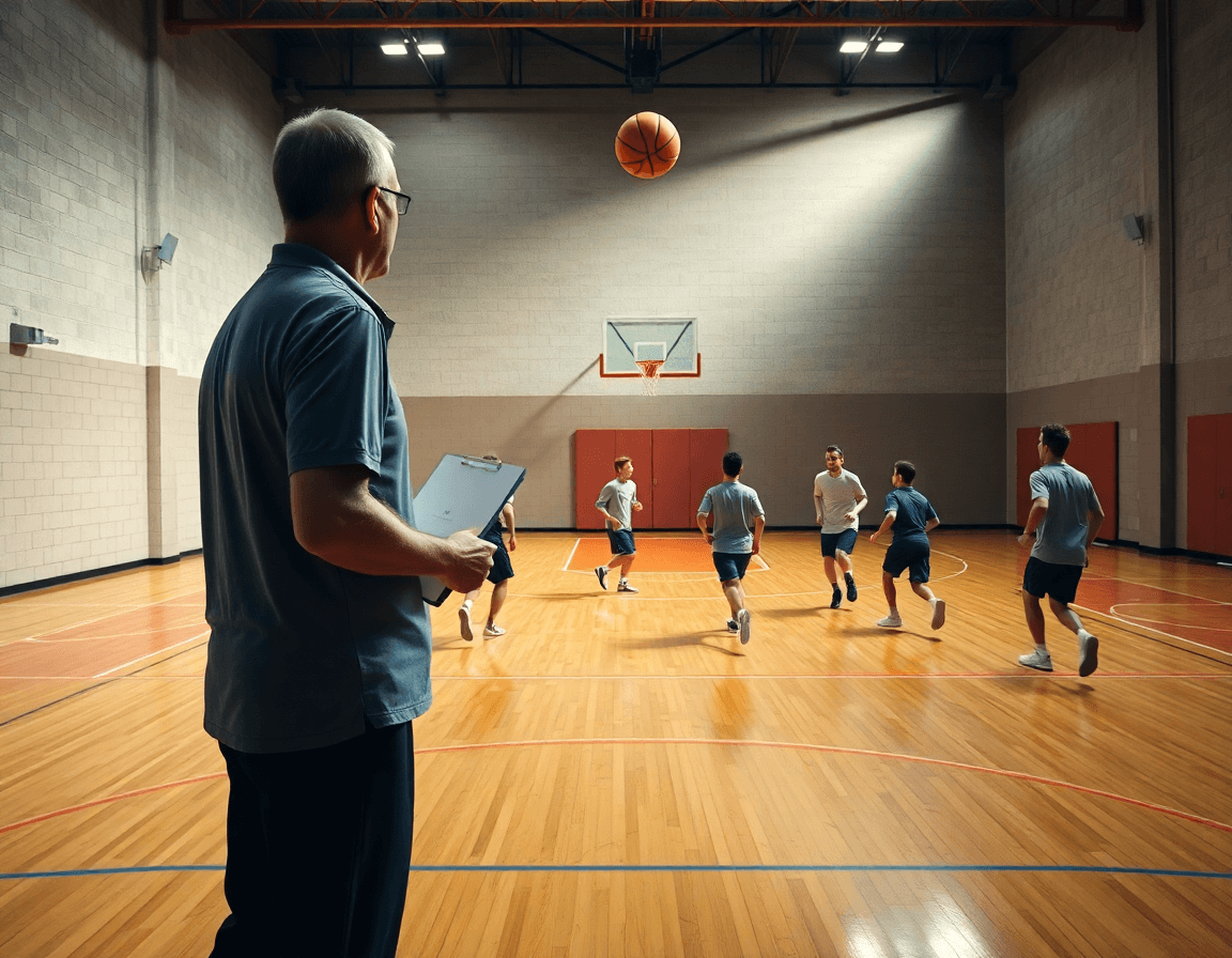 Escena amplia de contraataque baloncesto en ingles en una cancha de entrenamiento con entrenador y jugadores.