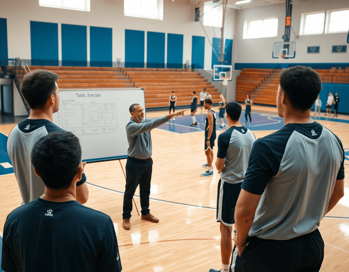 Plano medio de un coach señalando un plan táctico durante un curso entrenador baloncesto Castilla y León.