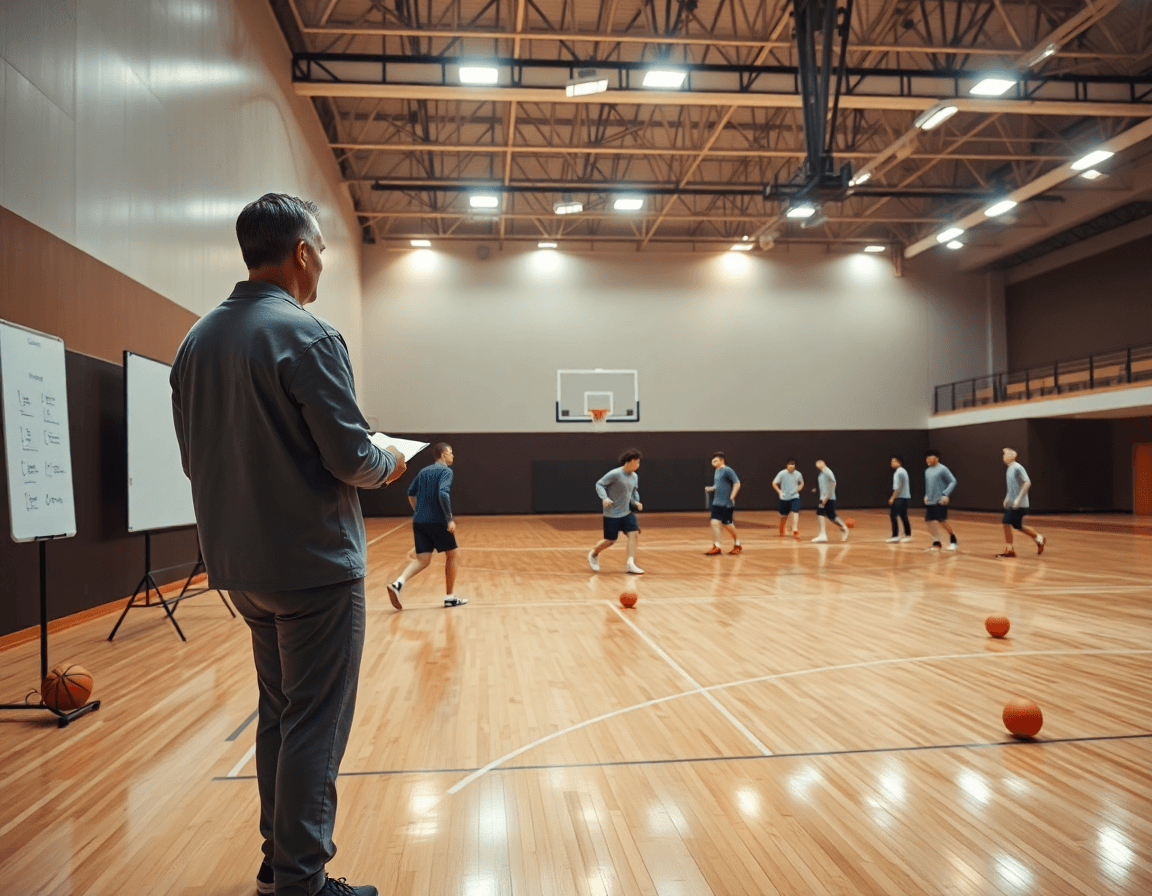Escena de un curso entrenador baloncesto Castilla y León en gimnasio, con balón naranja y jugadores entrenando.