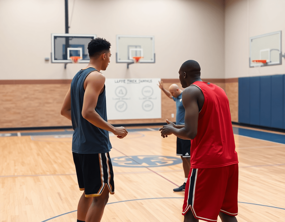 Primer plano de jugadores ejecutando una secuencia, con el curso entrenador baloncesto nivel 1 online presente.