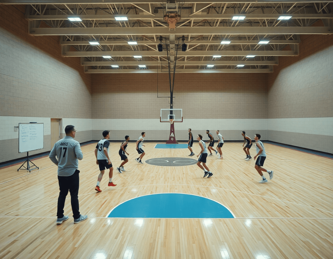 Escena de entrenamiento nocturno en el curso entrenador baloncesto nivel 1 online, con pizarra y balón.