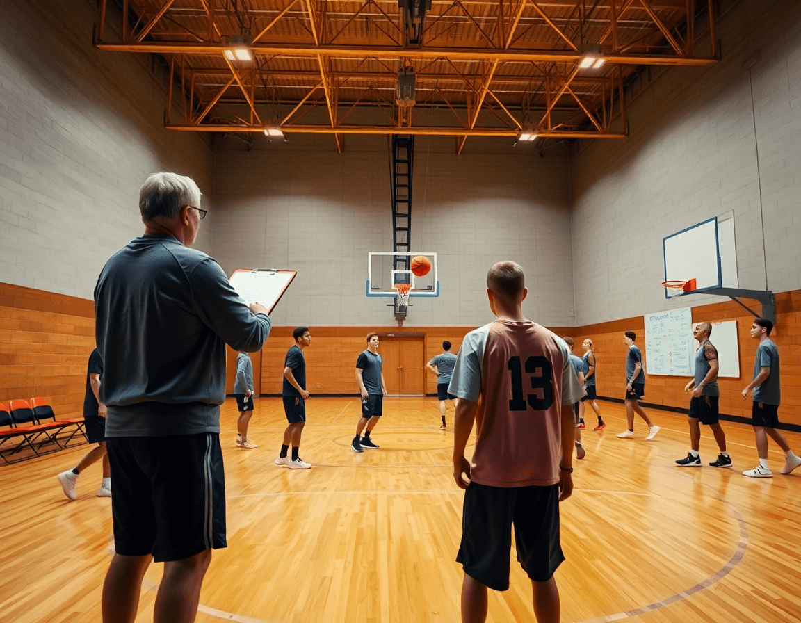 Una pista de baloncesto muestra entrenadores y jugadores ejecutando el curso entrenador baloncesto nivel 1 online.