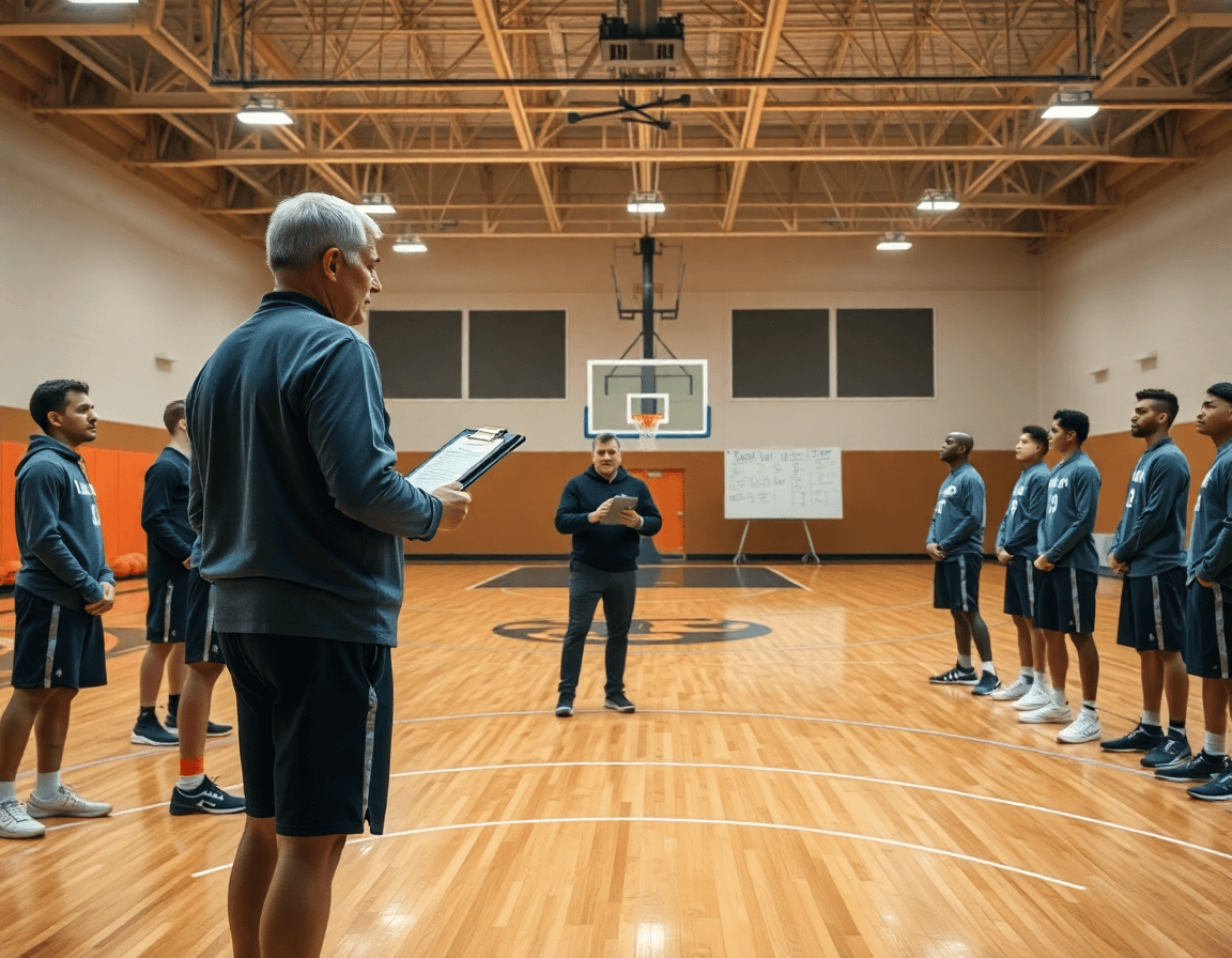 Entrenador dirige una sesión de baloncesto con el equipo durante un entrenamiento del curso entrenador baloncesto.