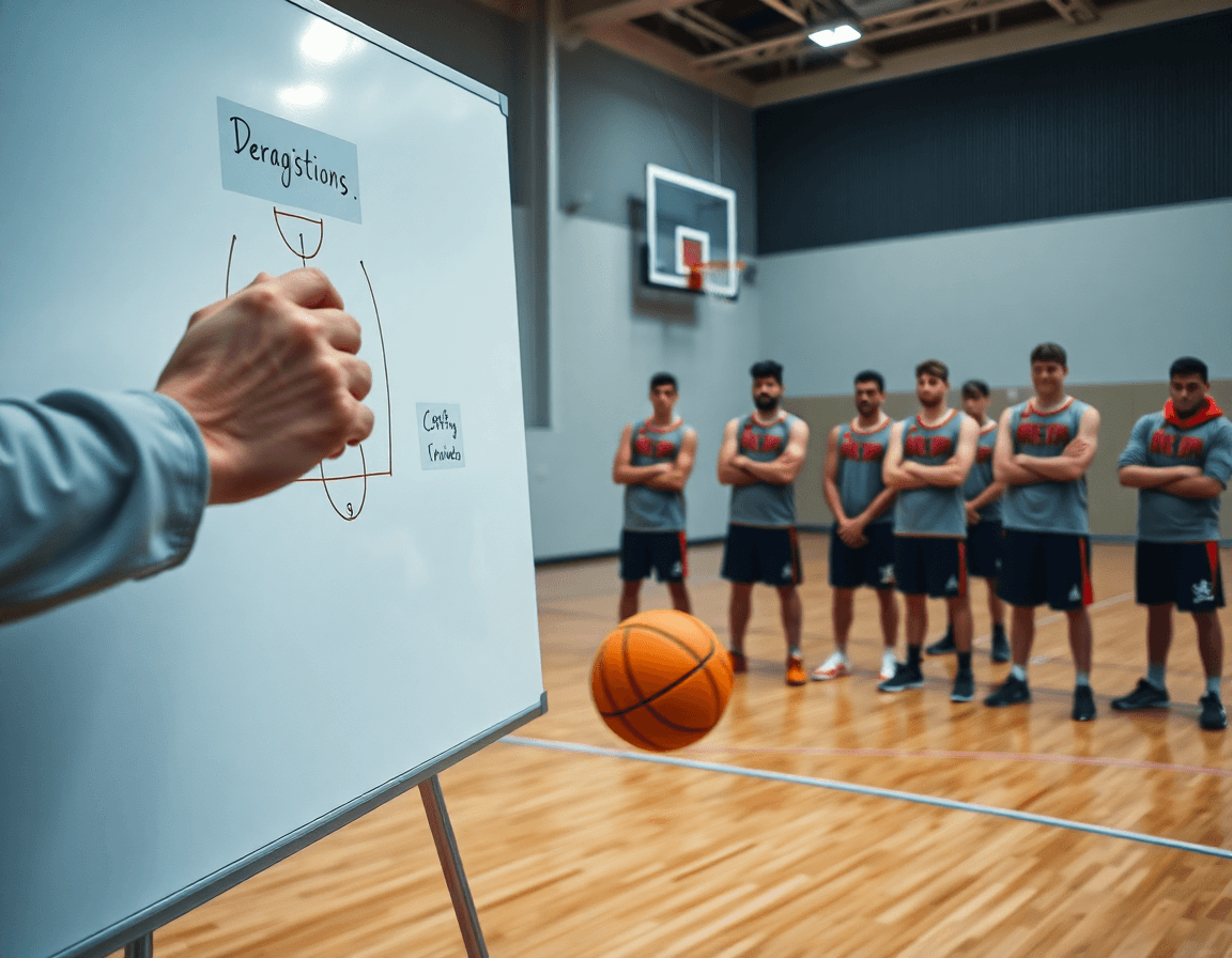 defensa baloncesto dibujo facil: primer plano de manos dibujando posiciones defensivas en una pizarra de baloncesto.