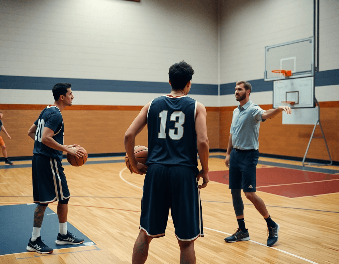 defensa baloncesto dibujo facil: dos jugadores trabajan cerca del arco mientras el entrenador señala la pizarra táctica.