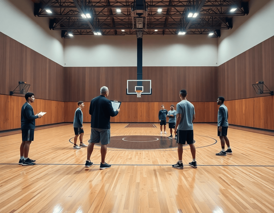 defensa baloncesto dibujo facil: entrenador dirige una práctica en una cancha de baloncesto con el equipo.