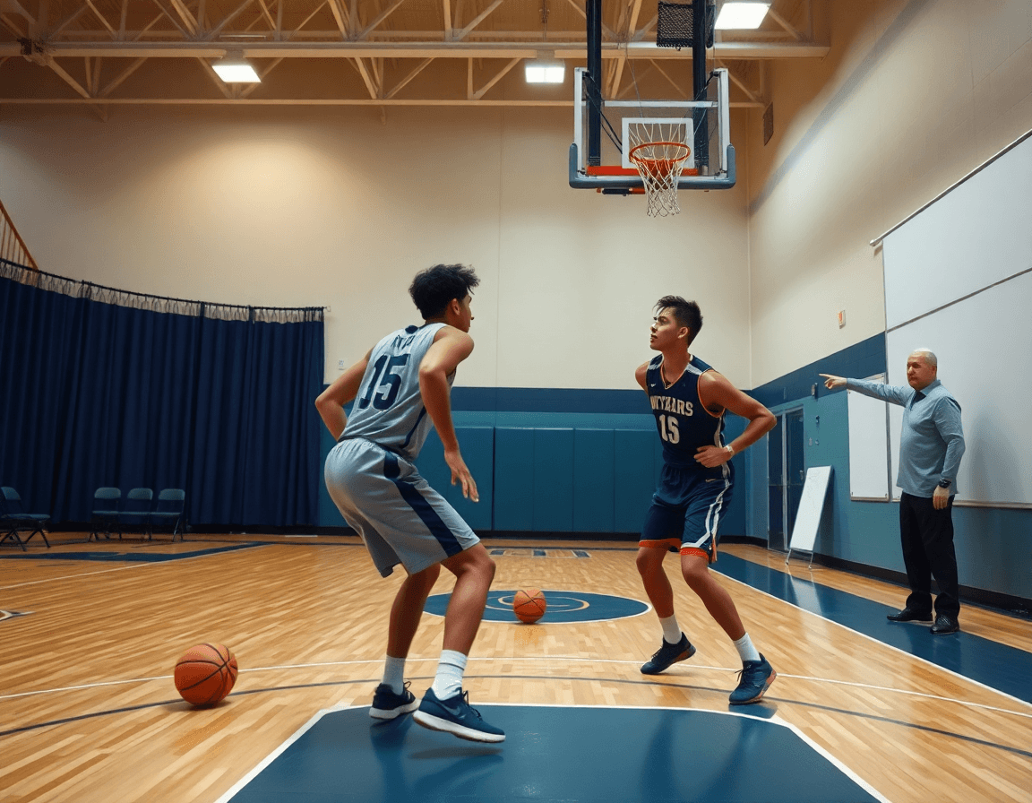 defensa baloncesto ejercicios: primer plano de defensa y balón en la cancha.