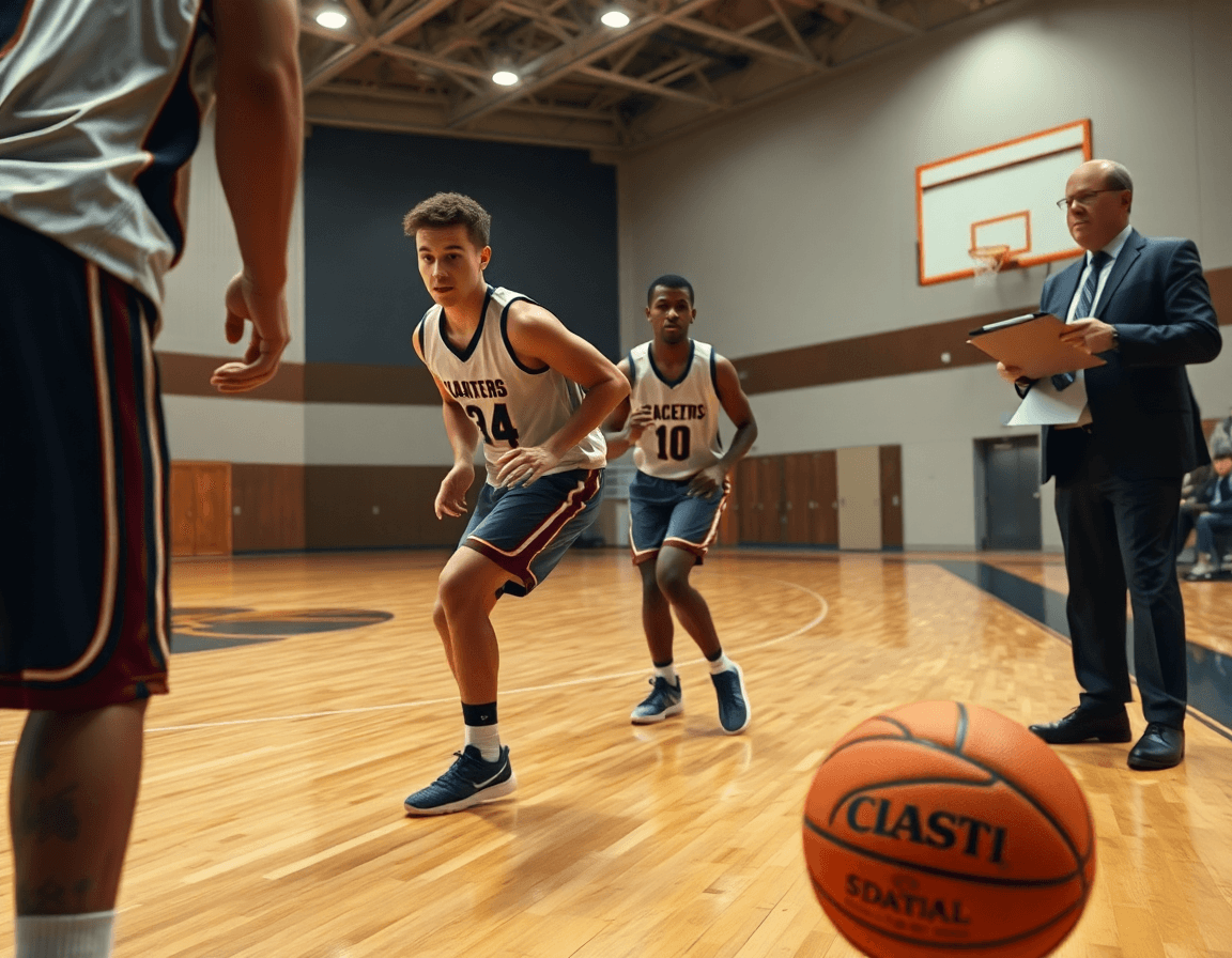 defensa baloncesto ejercicios: atletas practicando defensa perimetral alrededor de un balón naranja.
