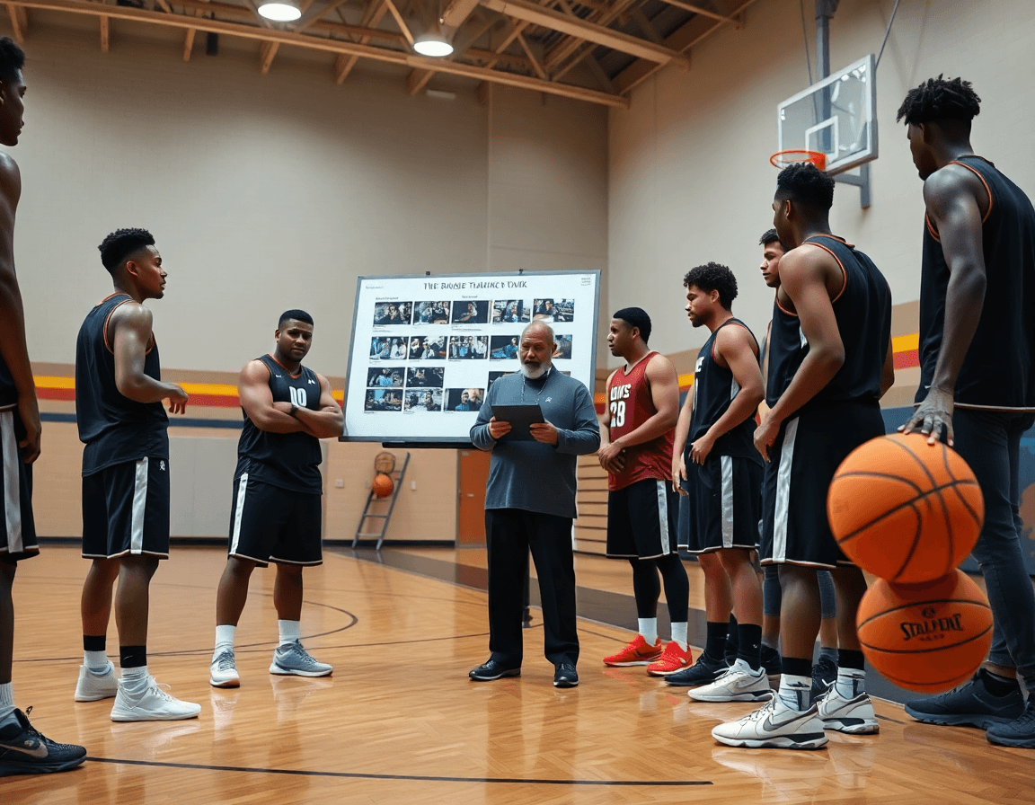 defensa baloncesto ejercicios: visto desde la banda, entrenador indica ajustes con una pizarra.