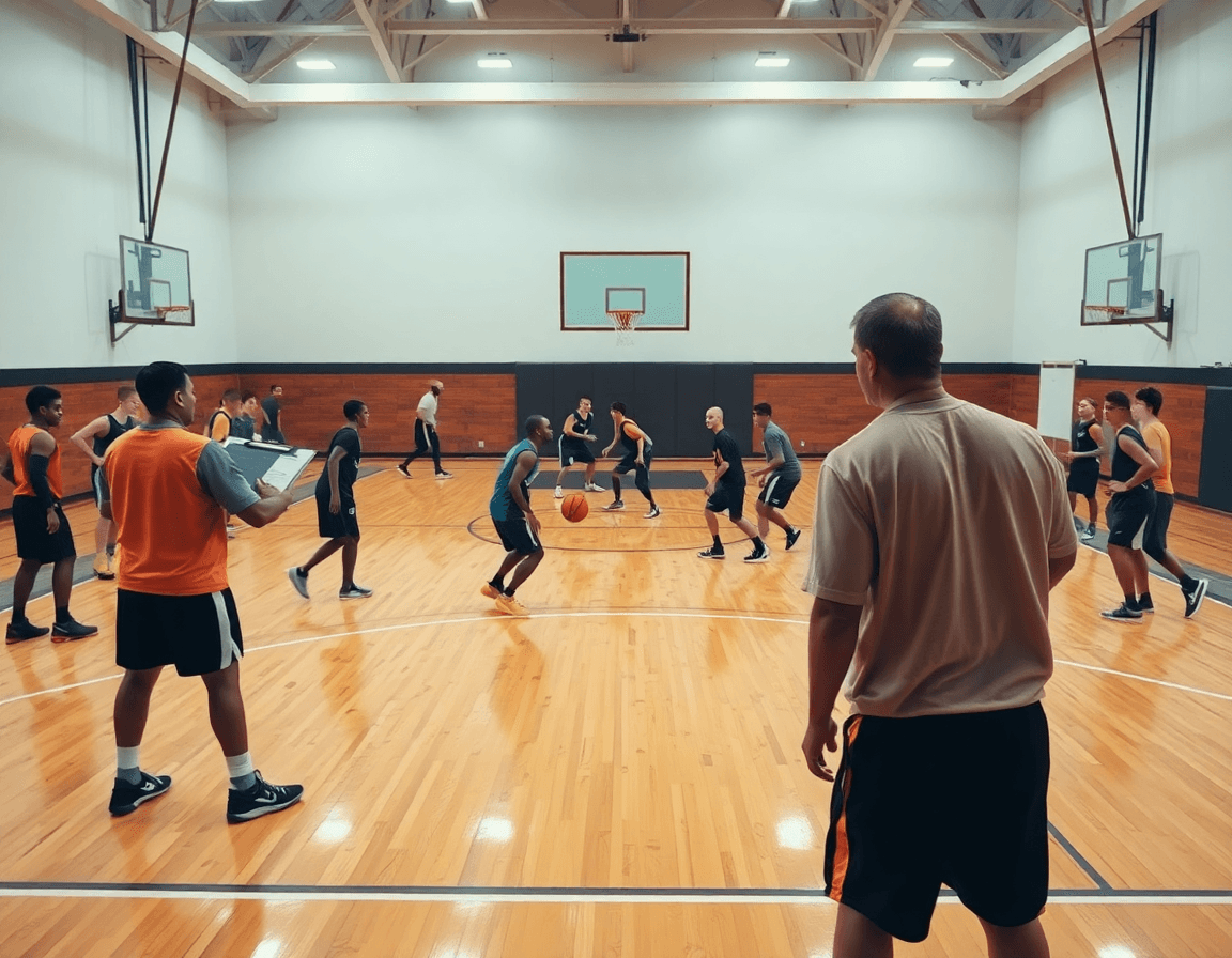 defensa baloncesto ejercicios en progreso: entrenamiento de equipo en cancha de baloncesto.