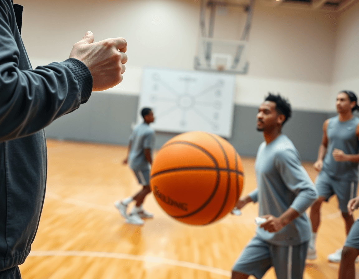 Primer plano de defensa baloncesto; entrenador señala con la mano mientras jugadores corren.