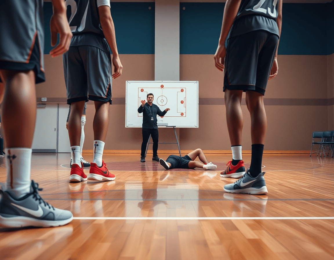 Plano cercano de pies y manos; defensa baloncesto en la cancha de madera mientras el entrenador señala.