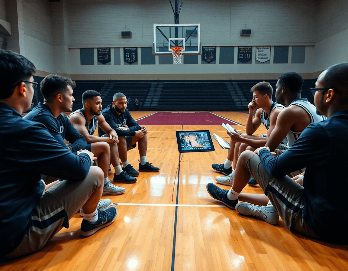 Video y scouting para defensa baloncesto: jugadores observan clips en la cancha, coach explica ajustes.