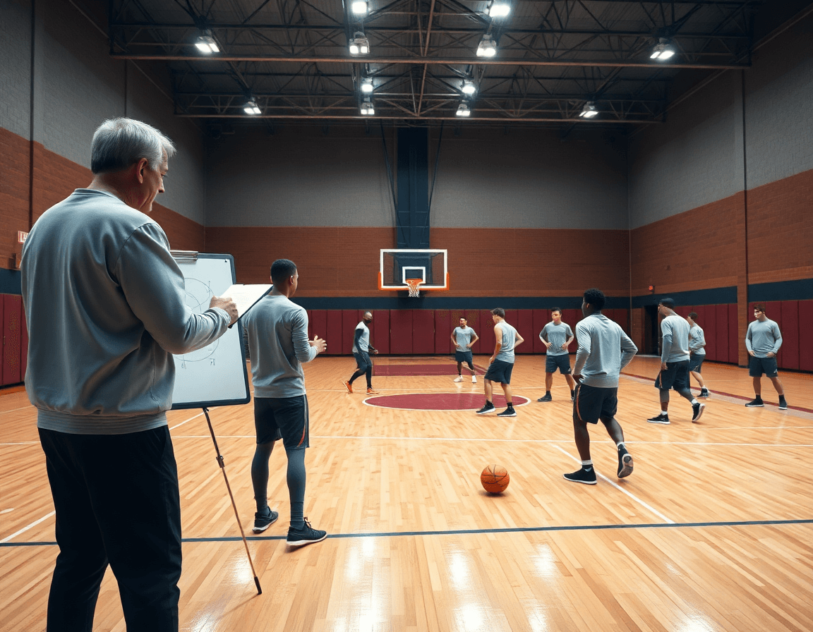 Defensa baloncesto en una cancha de madera, entrenador con libreta dirige rotaciones ante jugadores.