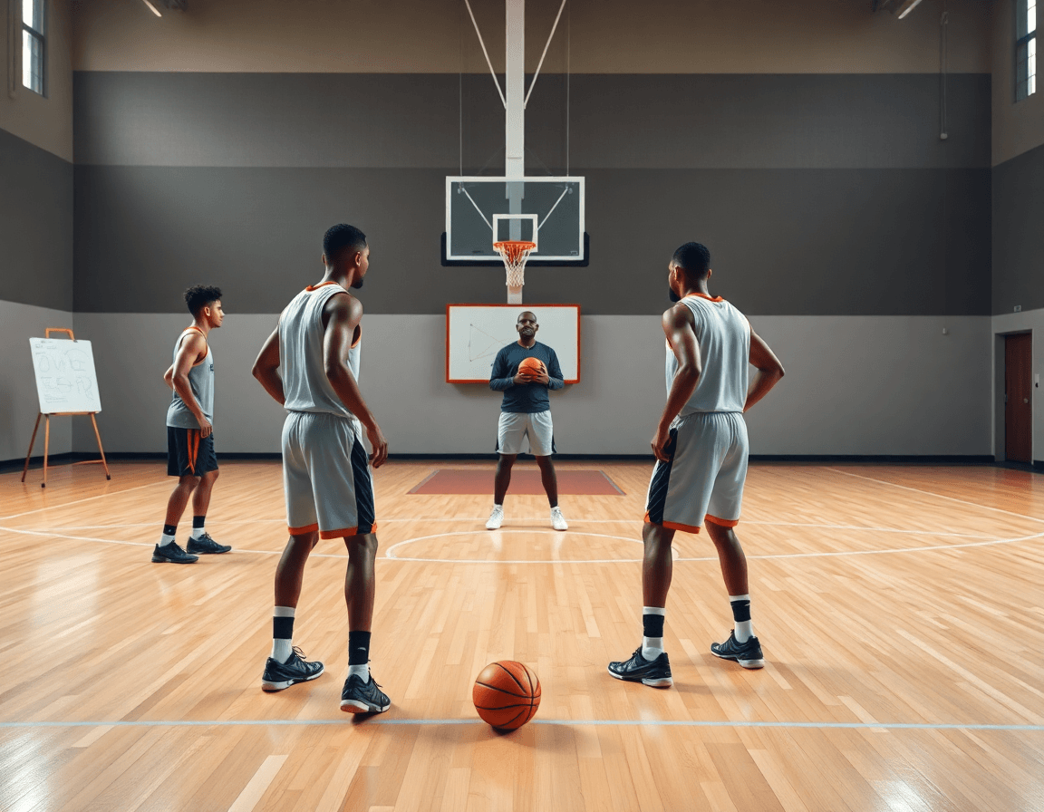 defensa en baloncesto para niños, niños practican 1x1 cerca del aro bajo iluminación.