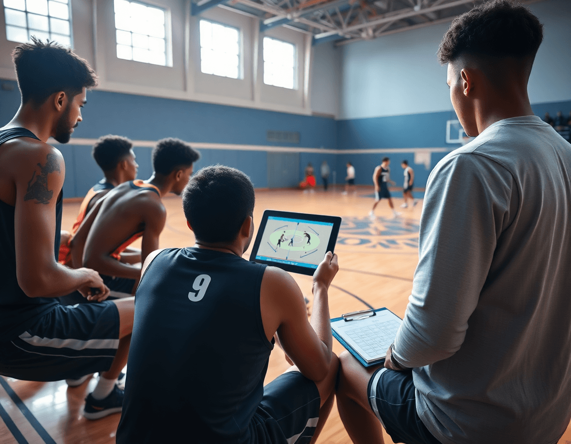 defensa en baloncesto para niños, analista revisa clips de video en tablet sobre cada pose.