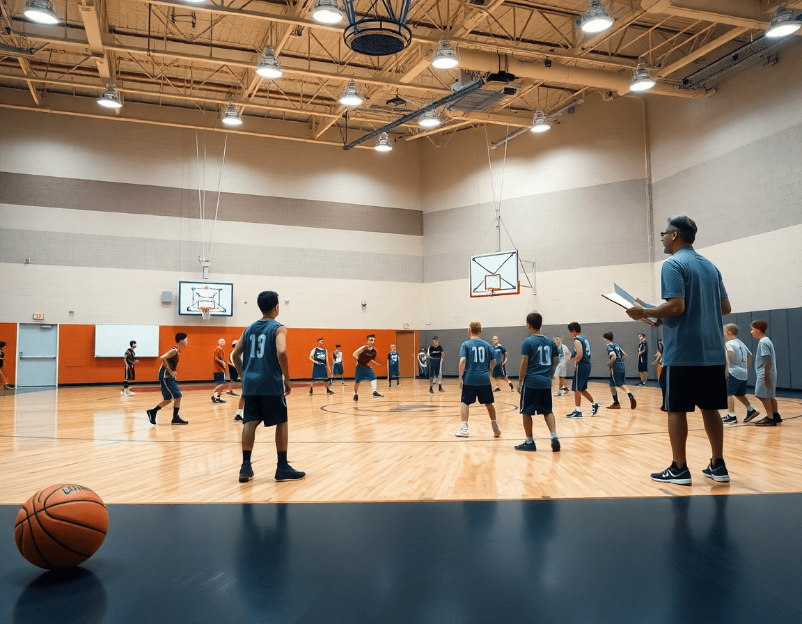 defensa en baloncesto para niños, entrenador dirige un drill desde la banda durante práctica real.