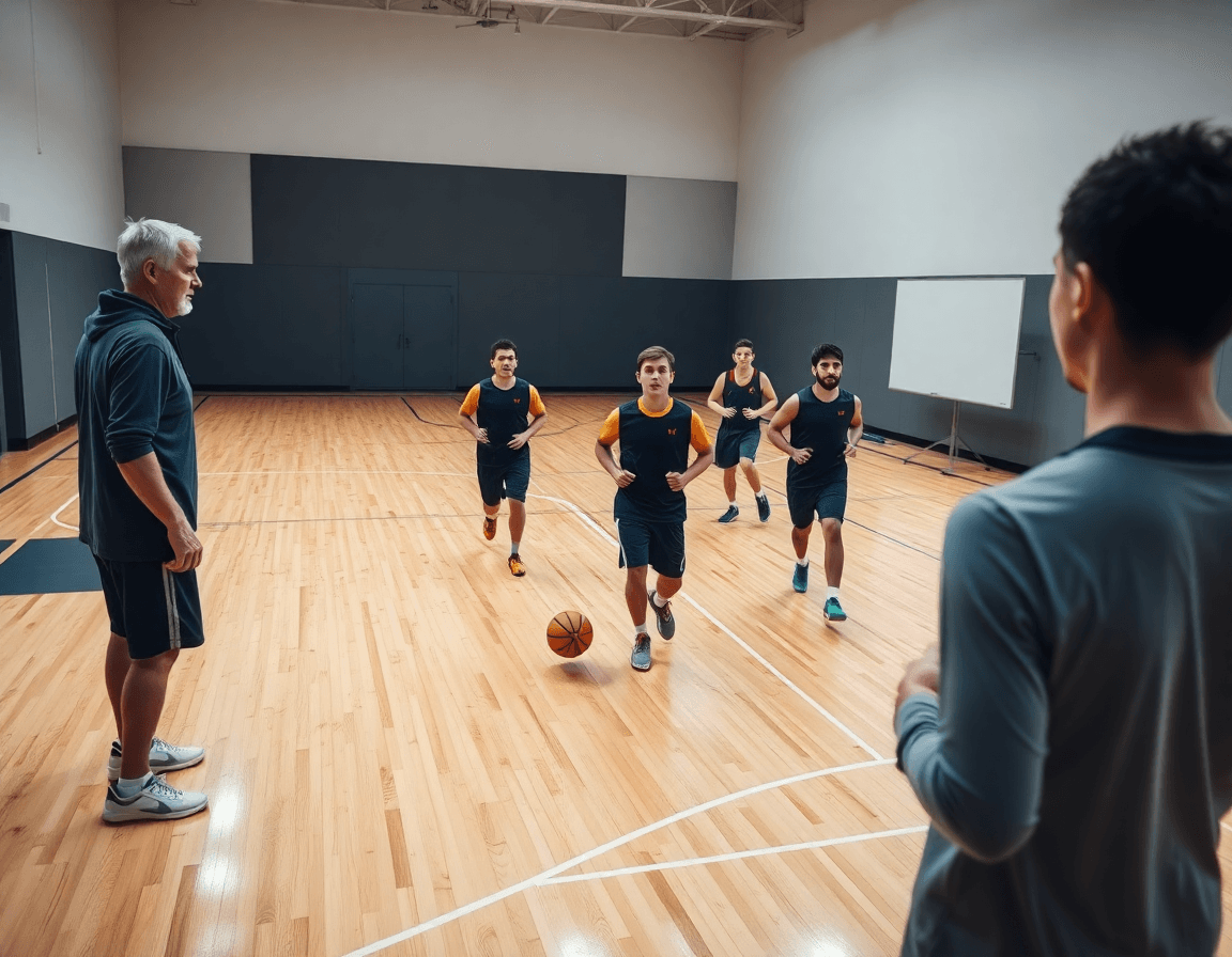 Primer plano de defensa en zona baloncesto 1-2-2 durante entrenamiento de baloncesto.