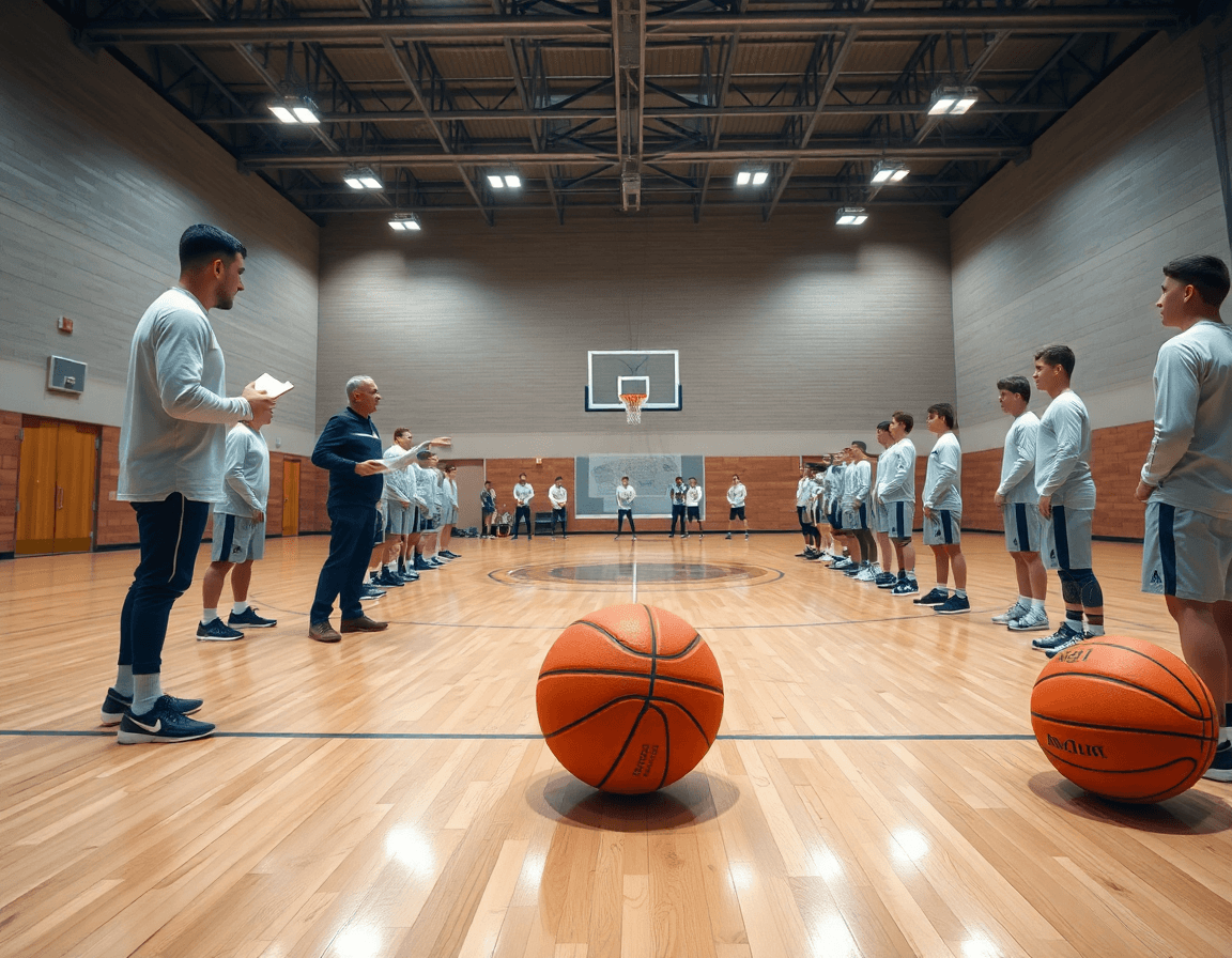 Defensa en zona baloncesto dibujo: entrenador y jugadores observan rotaciones en cancha de baloncesto.