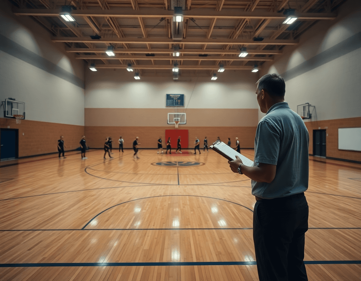 Vista amplia de un equipo entrenando defensa en zona en baloncesto en un gimnasio iluminado.