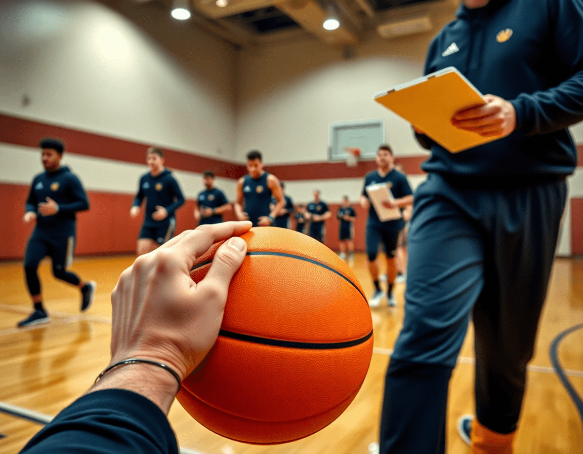 Primer plano de manos con un balón naranja durante un drill de defensa en zona baloncesto.