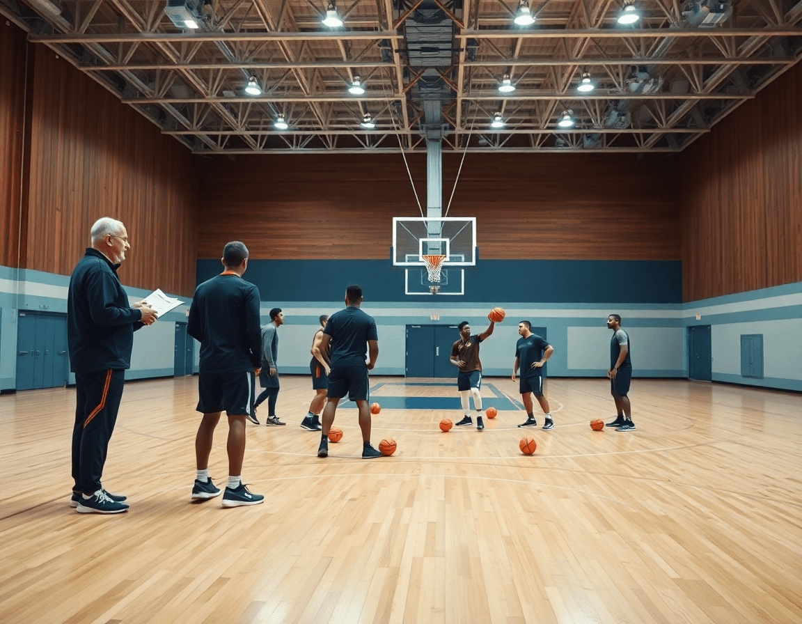 Defensa en zona baloncesto ventajas y desventajas: entrenador y equipo practicando baloncesto intensamente.