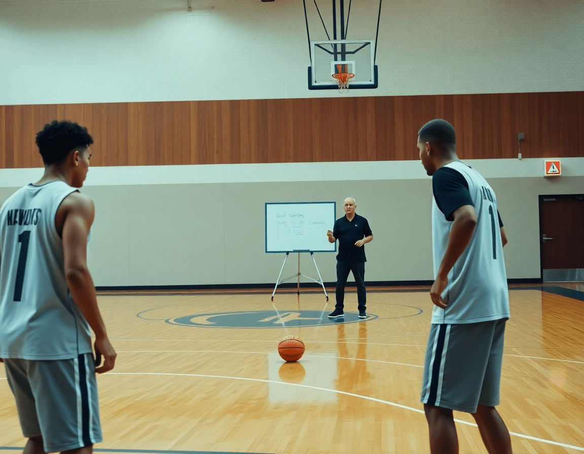 Defensa individual baloncesto dibujo en primer plano: entrenador señala en el whiteboard mientras dos jugadores guardan.