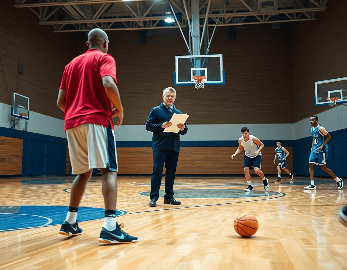 Defensa individual baloncesto dibujo: entrenador muestra un 1 contra 1 en la cancha de baloncesto.