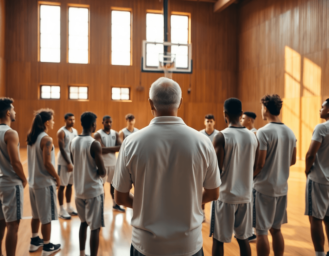 Escena de defensa individual baloncesto dibujo, entrenador guiando a jugadores en la cancha de baloncesto.