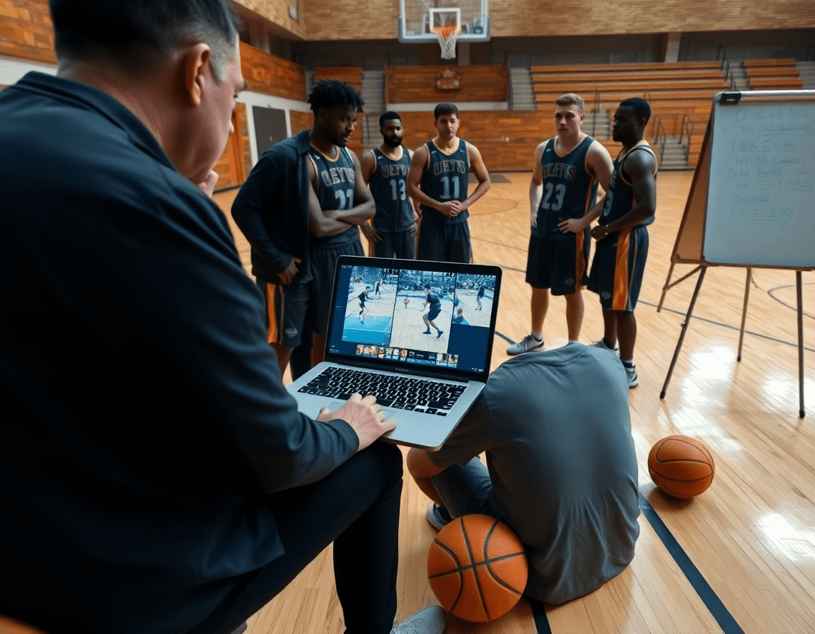 Revisión de defensa individual baloncesto ejercicios, entrenador señala movimientos defensivos a jugadores atentos.