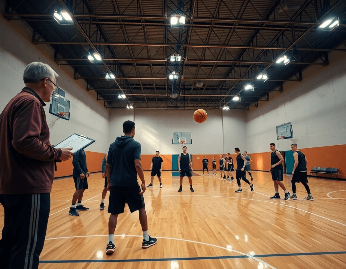 Defensa individual baloncesto en pista interior, entrenador con libreta dirige a jugadores durante un drill de defensa.