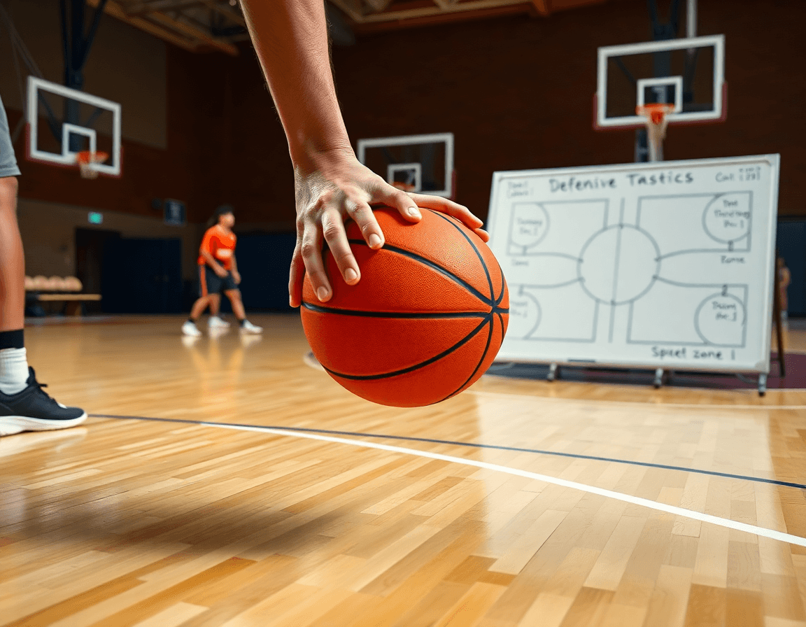 Primer plano de defensa individual y en zona baloncesto durante entrenamiento real en gimnasio.