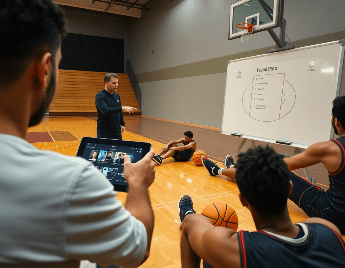 Herramientas para entrenar la defensa pick and roll baloncesto en la cancha: tablet con clips y tablero táctico.