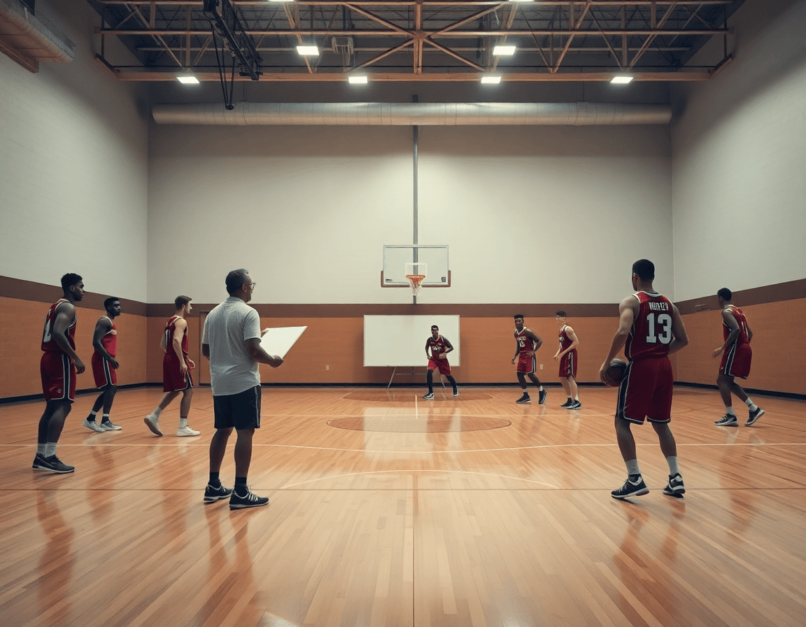 defensa poste bajo baloncesto en ejercicio en equipo sobre cancha completa, pizarra y rotaciones.