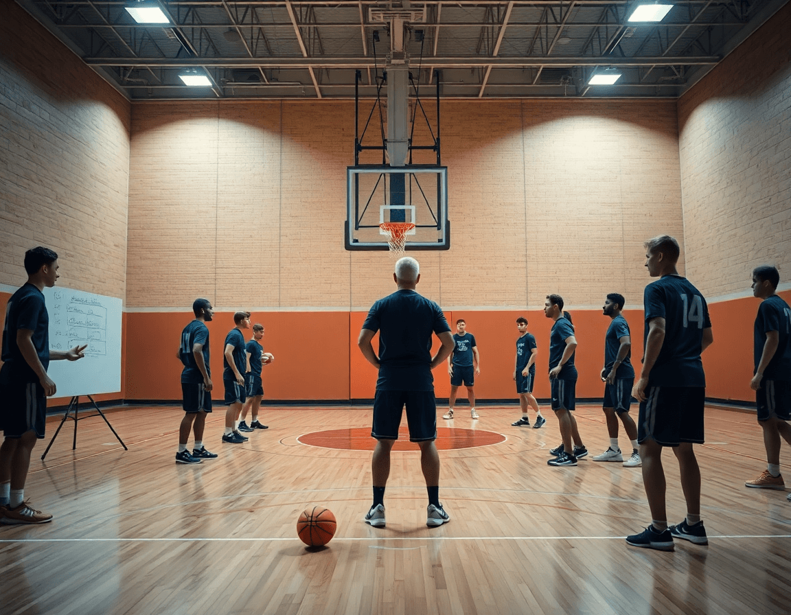 defensa poste bajo baloncesto en entrenamiento intenso, pizarra táctica, jugadores trabajando bajo el aro.