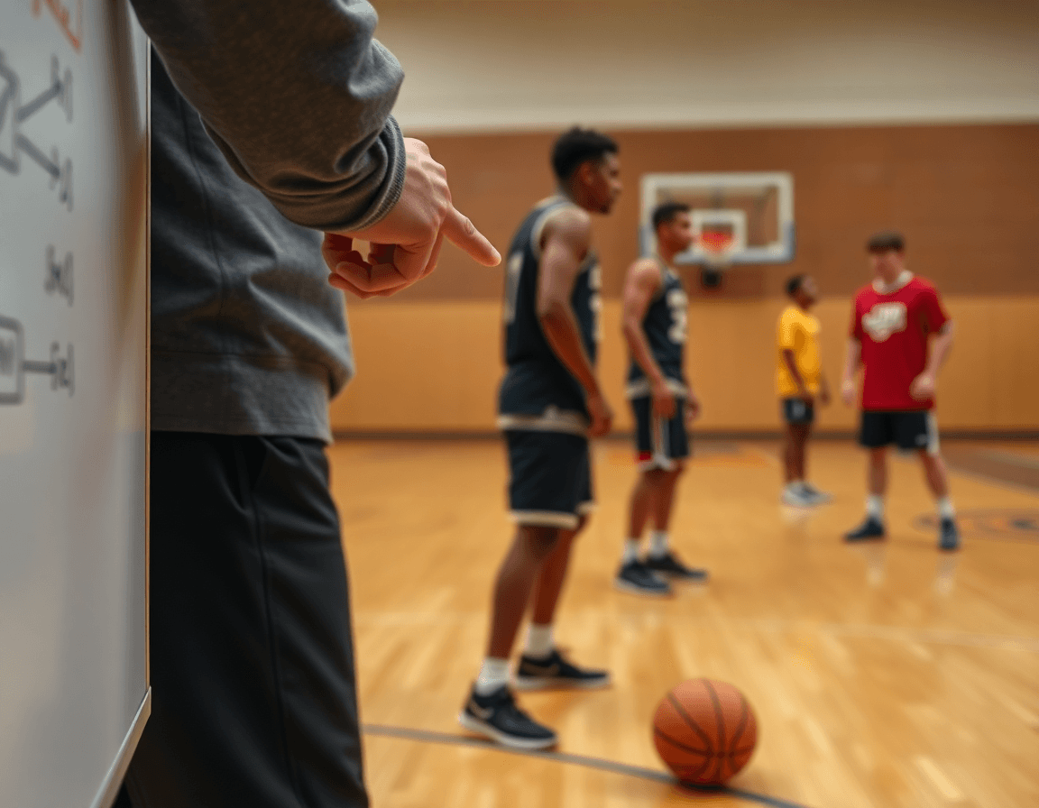 Defensa zona baloncesto en primer plano: la mano del entrenador señala estrategias junto a la cancha.